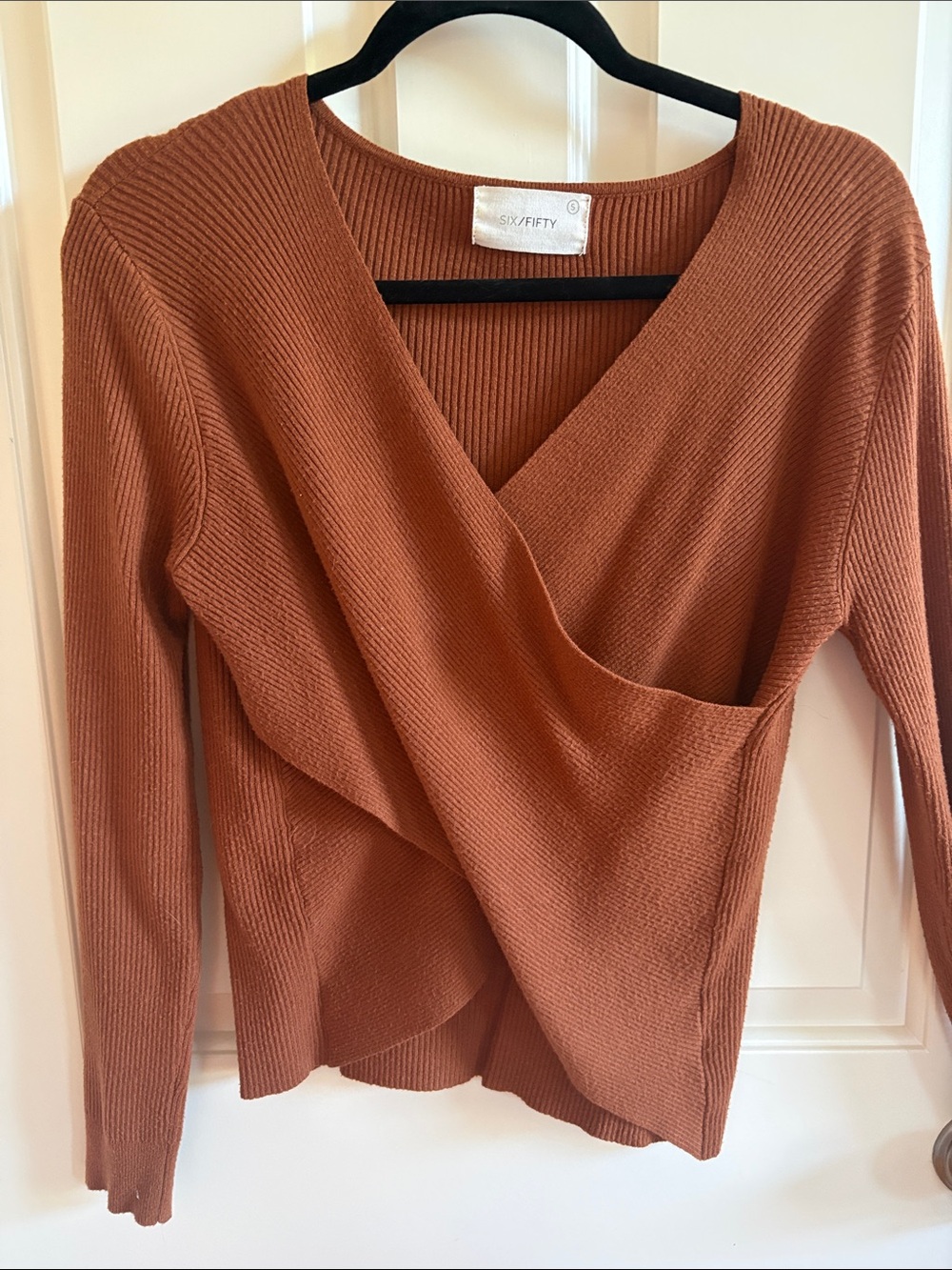 Rust Wrap-Front Ribbed Sweater